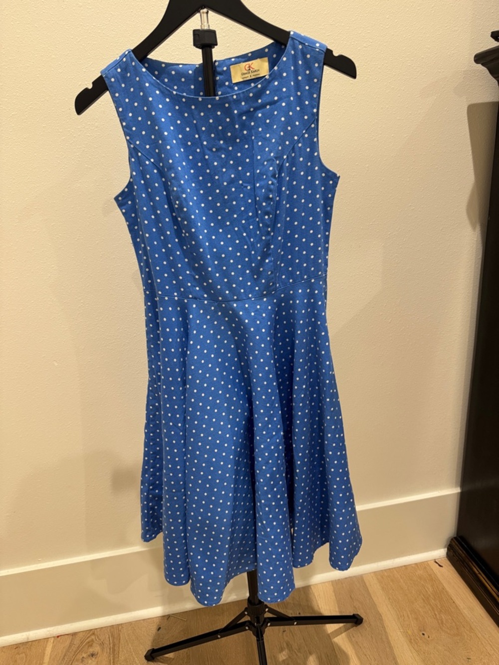 Grace Karin Blue Polka Dot Fit and Flowy Sleeveless Midi Dress